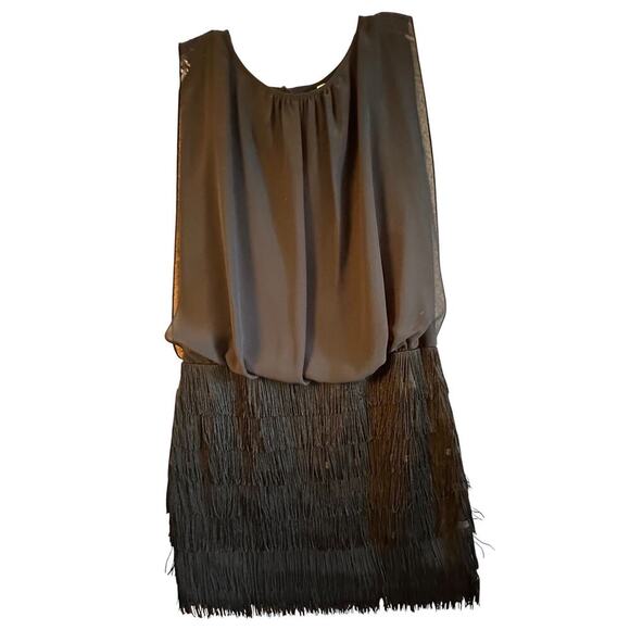 Aidan By Aidan Mattox Black Chiffon & Fringe Sexy Mini Dress Sz 6 Mob Wife Goth - Picture 2 of 16